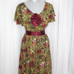 1950s/1960s Vintage Size Small/Medium Fall Floral Midi Formal Dress with Rosette